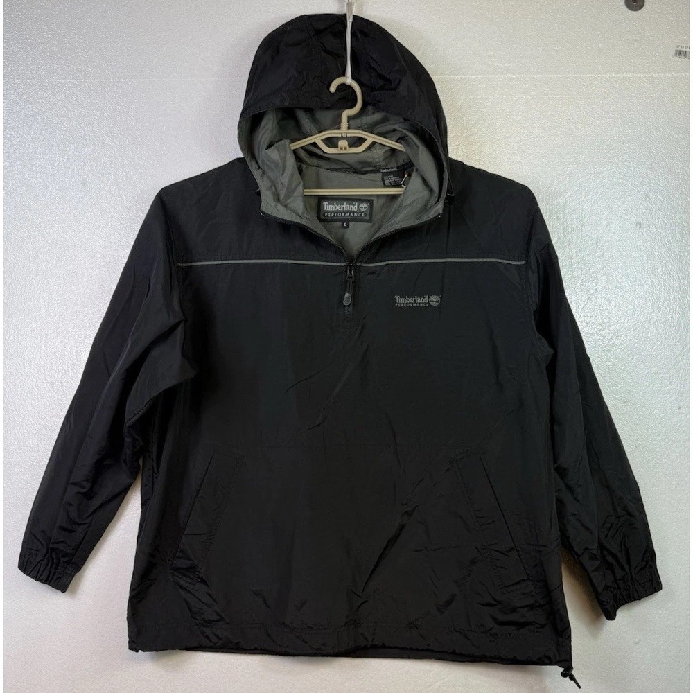 Timberland Nylon Hooded Windbreaker Mens Sz‎ L Black 1/4 Zip Jacket Water Resist